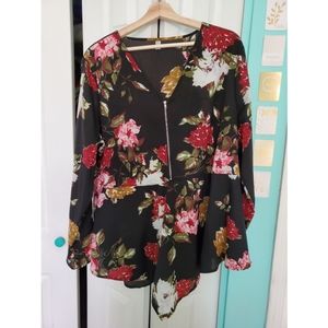 Zippered Floral Peplum Long Sleeve Top